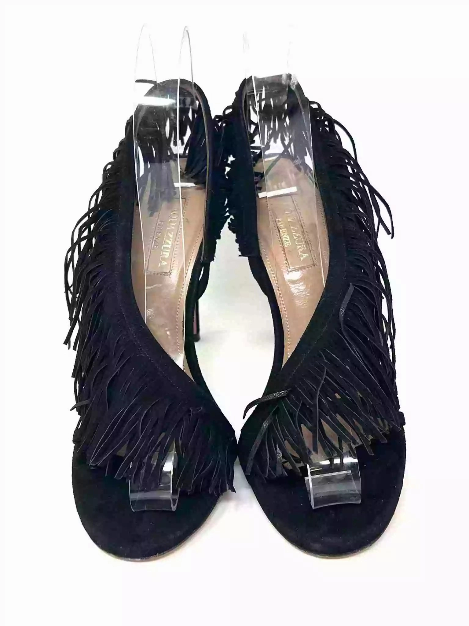 Aquazzura Wild Fringe Black Suede Heel Sandal Heels 37 UK 4