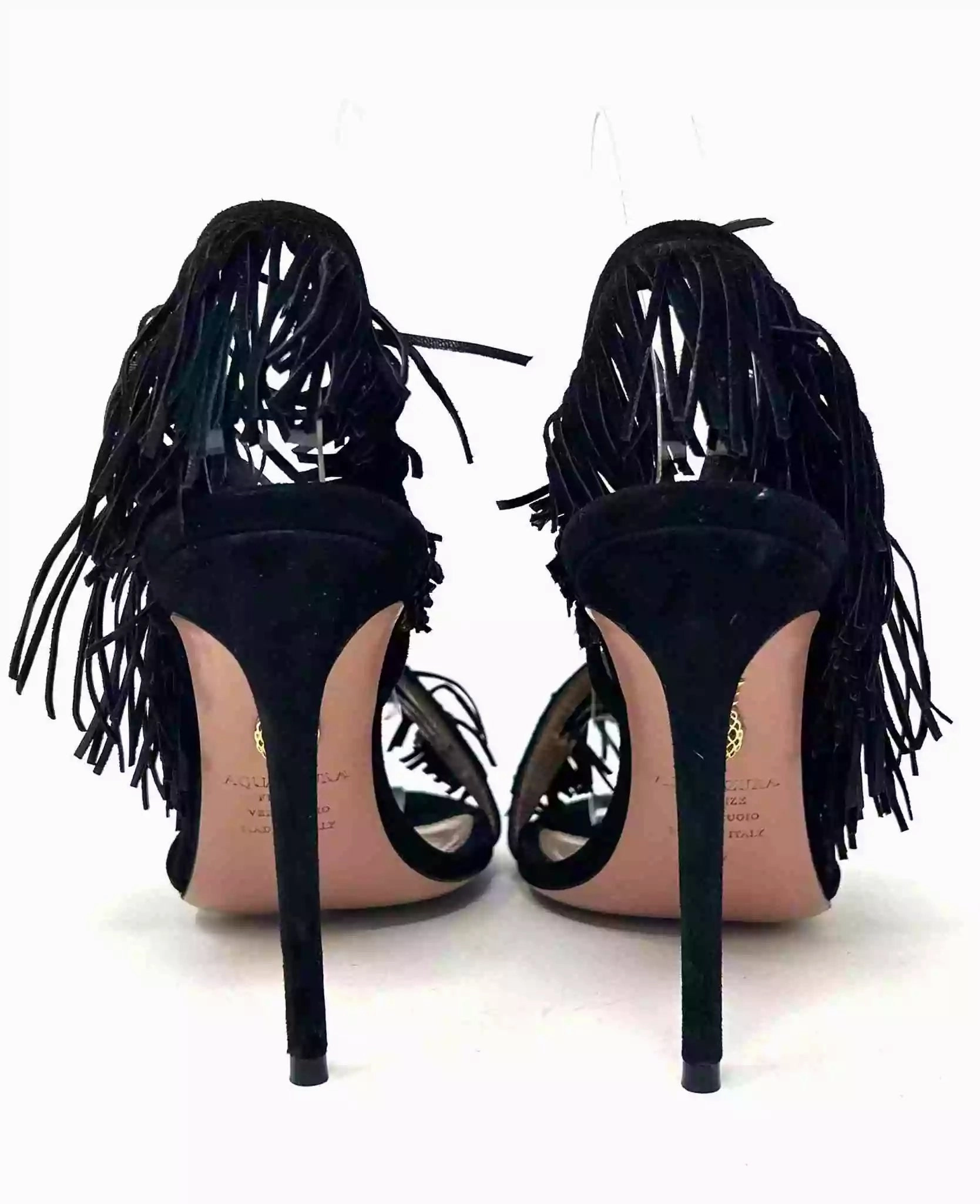 Aquazzura Wild Fringe Black Suede Heel Sandal Heels 37 UK 4