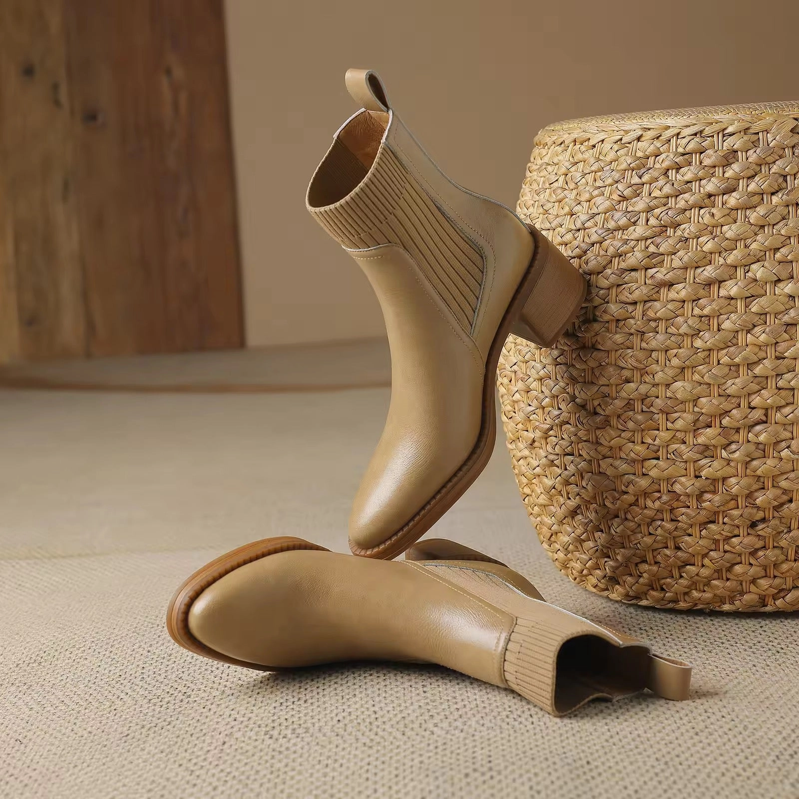 Athaliah Beige Leather Knit Patch Boot