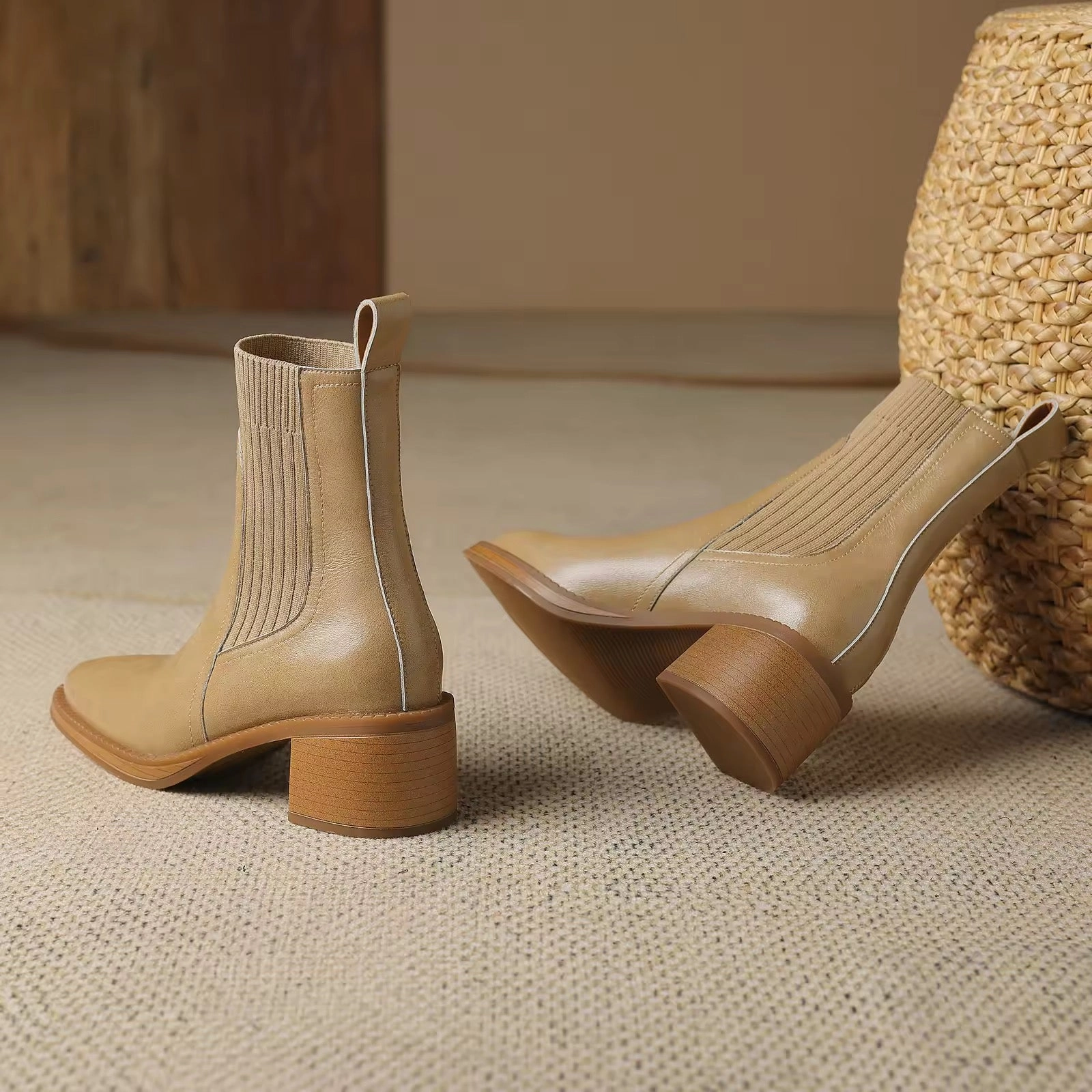 Athaliah Beige Leather Knit Patch Boot