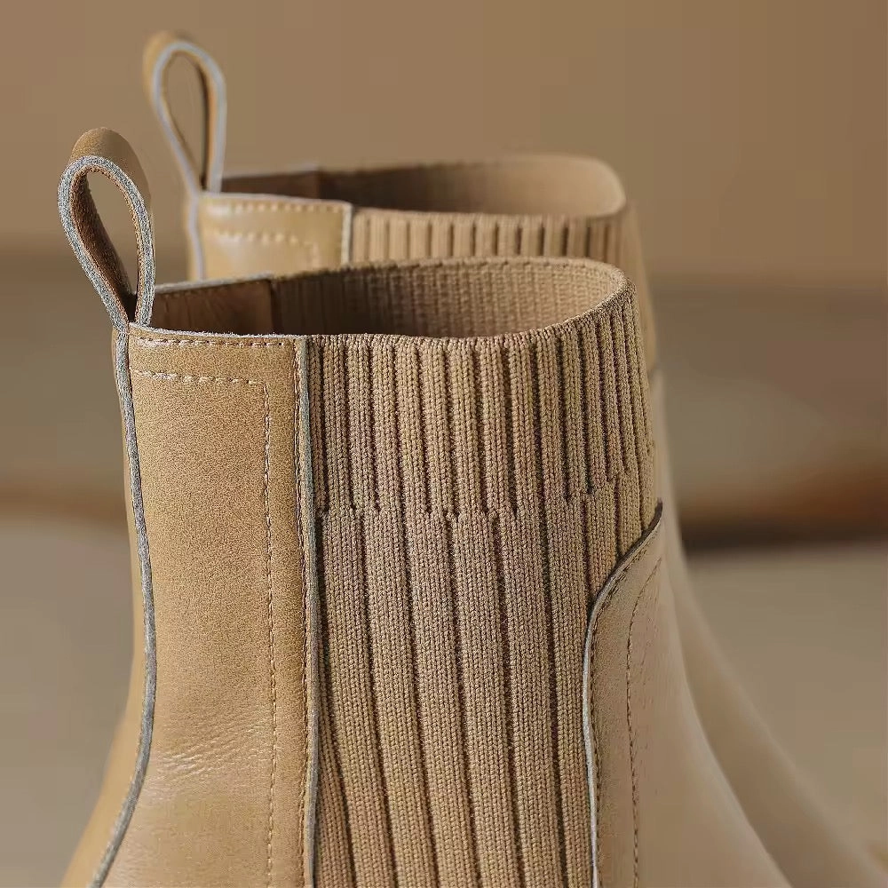 Athaliah Beige Leather Knit Patch Boot