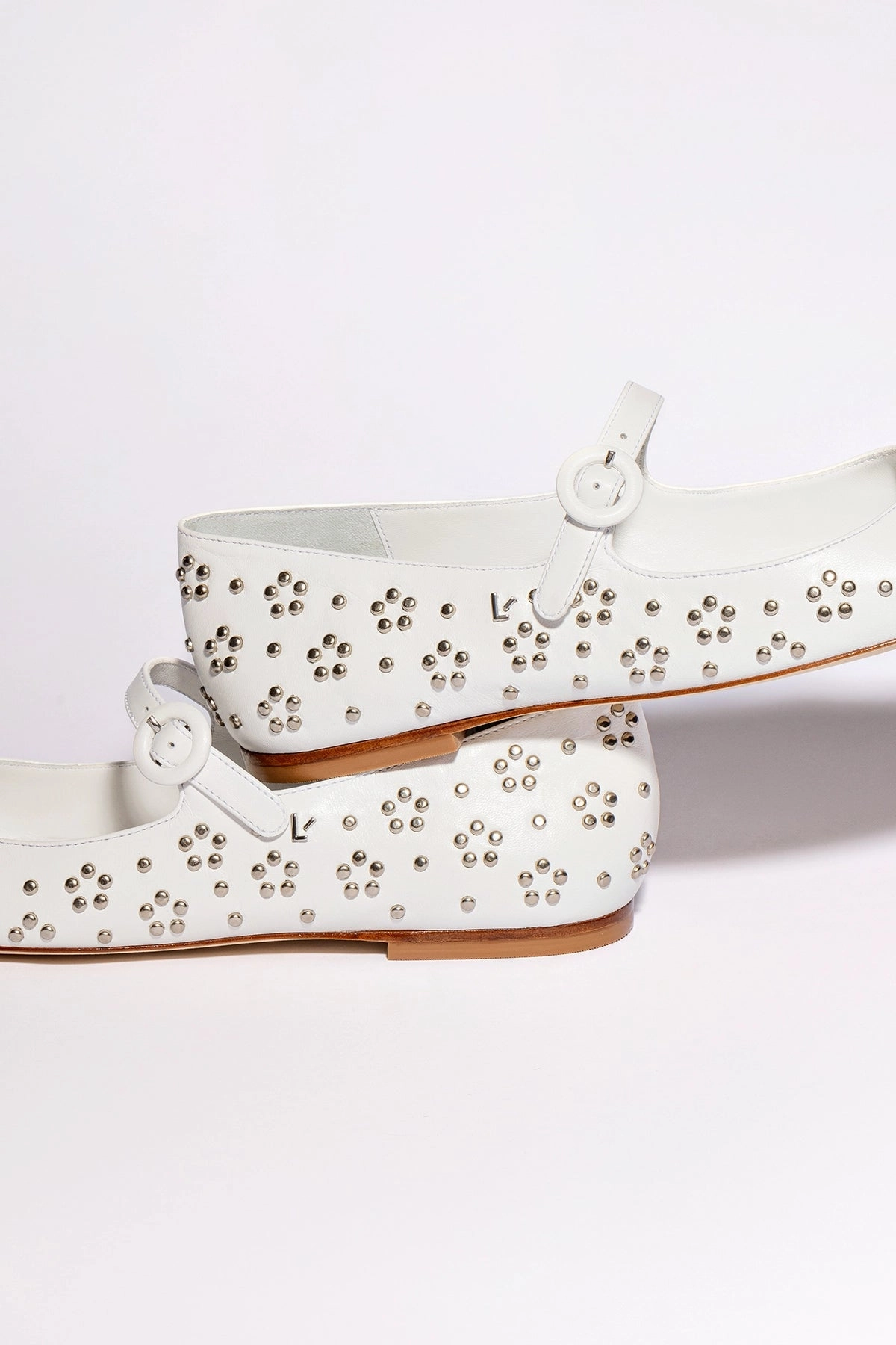Blair Ballet Flat In White Leather and Metallic Studs
