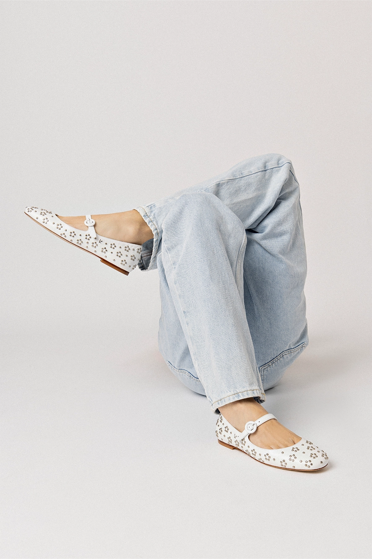 Blair Ballet Flat In White Leather and Metallic Studs