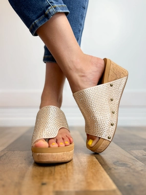 Corkys Flirty Wedge Shoe in Champagne Crystals