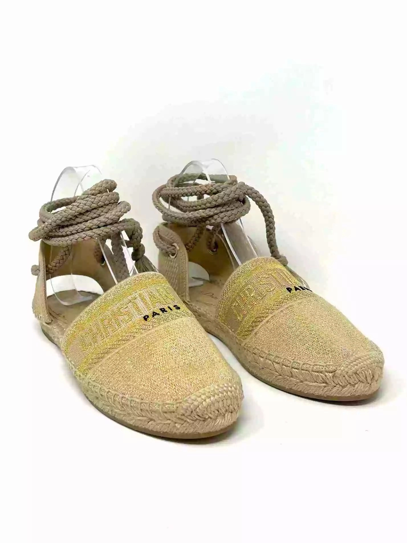 Dior Granville Cream Embroidered Lace Up Espadrille Sandals 38.5 UK5.5