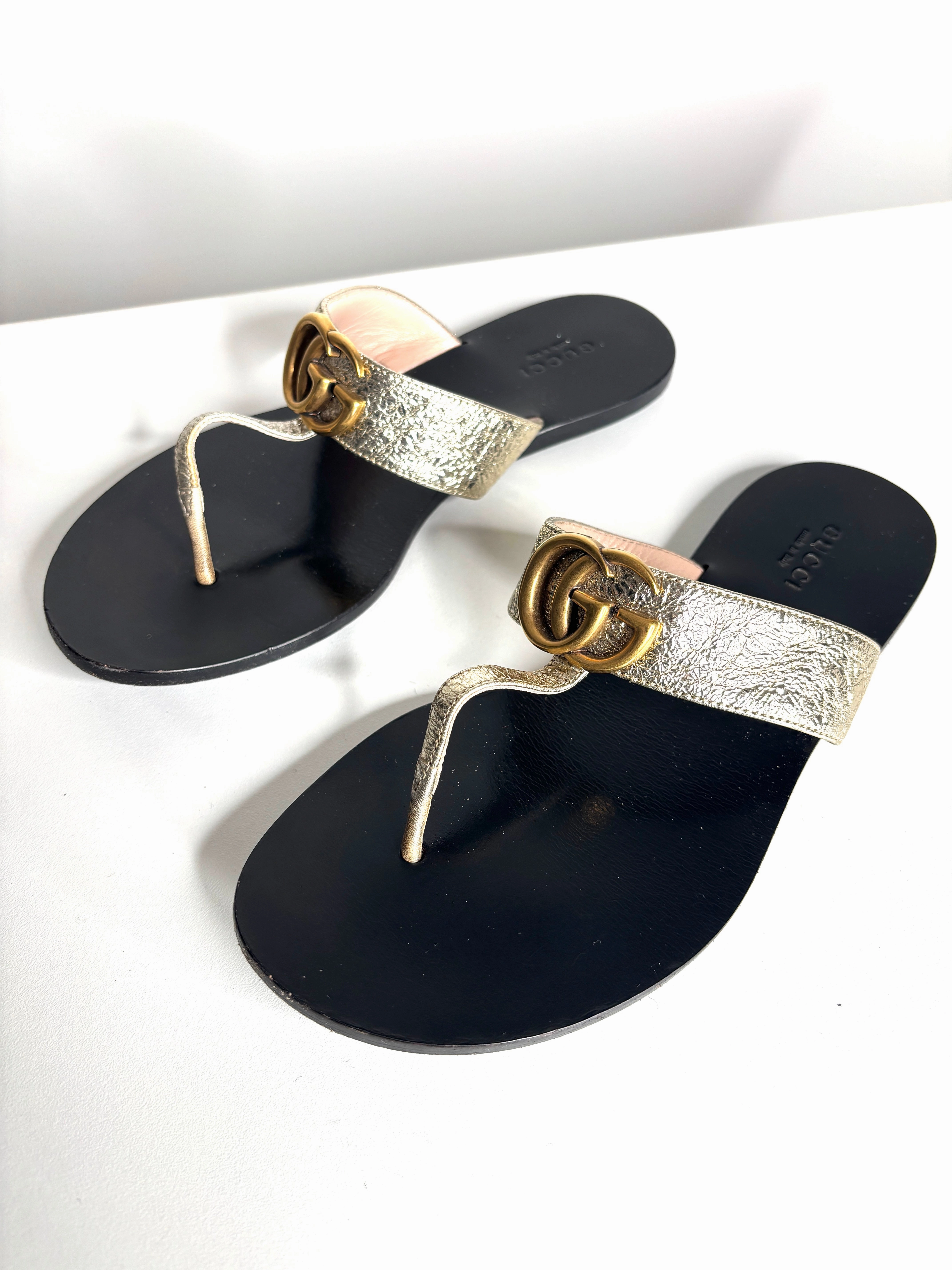 Gucci Marmont GG Gold Leather Thong Sandals 36.5 UK3.5