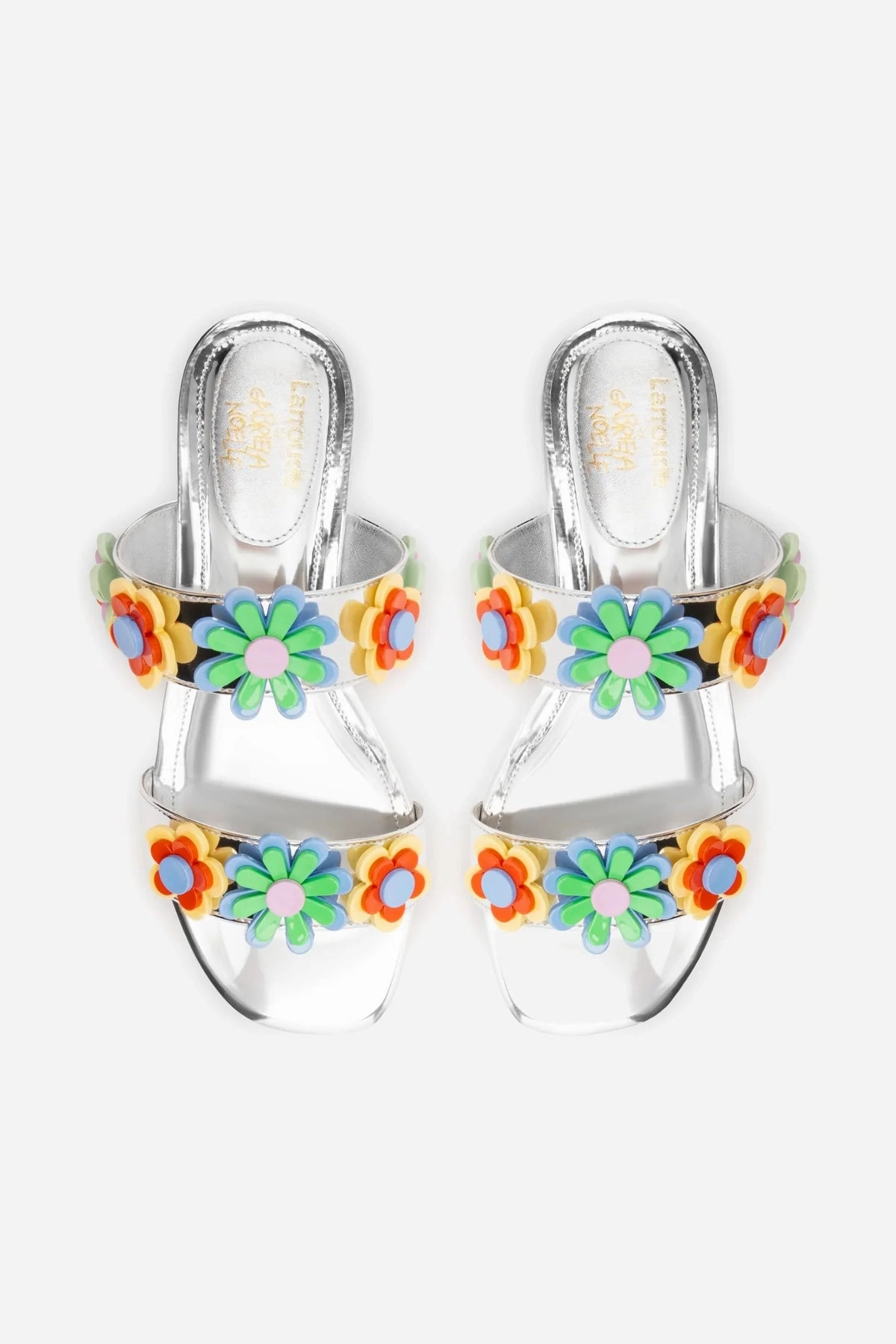 Larroudé x Gabriela Noelle: Blossom Flat Sandal In Silver Specchio and Multicolor Acrylic