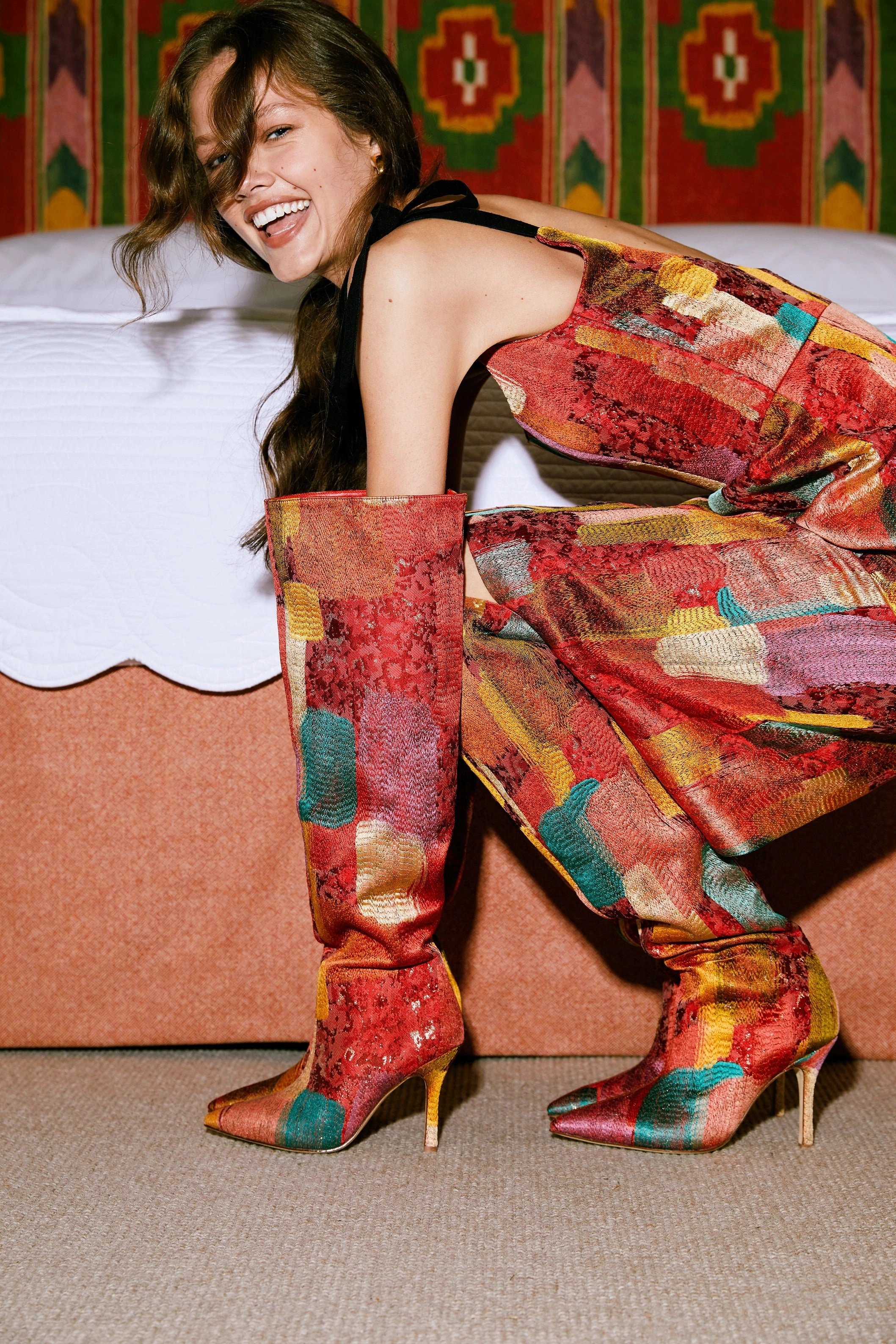 Larroudé x Markarian Boot In Red Patch Work Fabric