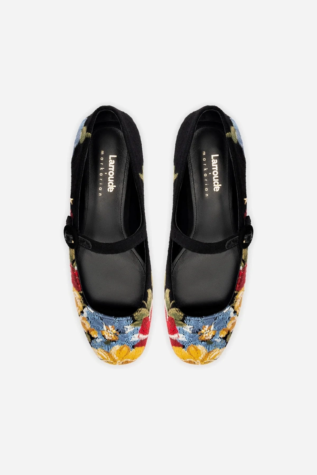 Larroudé x Markarian Flat In Black Wool and Floral Embroidery