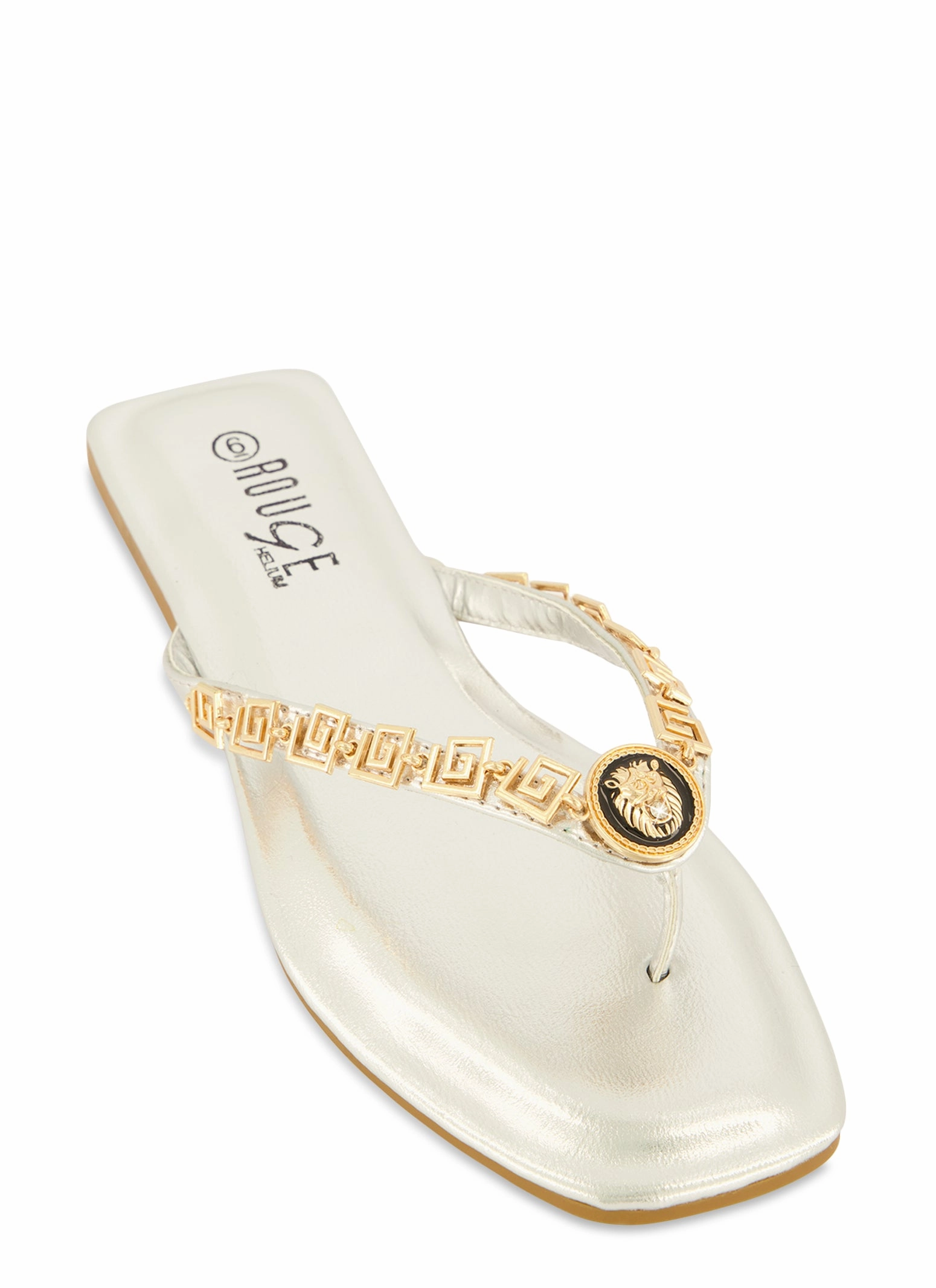 Lion Pendant Greek Key Chain Thong Sandals
