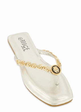Lion Pendant Greek Key Chain Thong Sandals