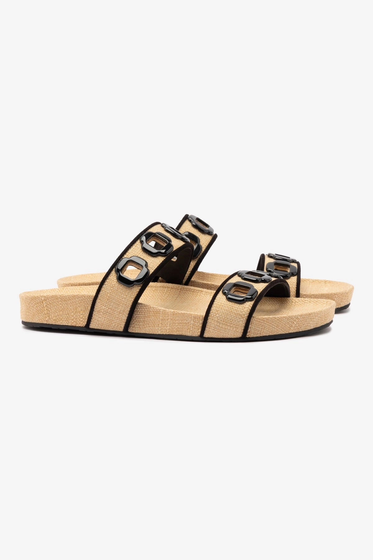Milan Slide In Beige Raffia and Black Trimming