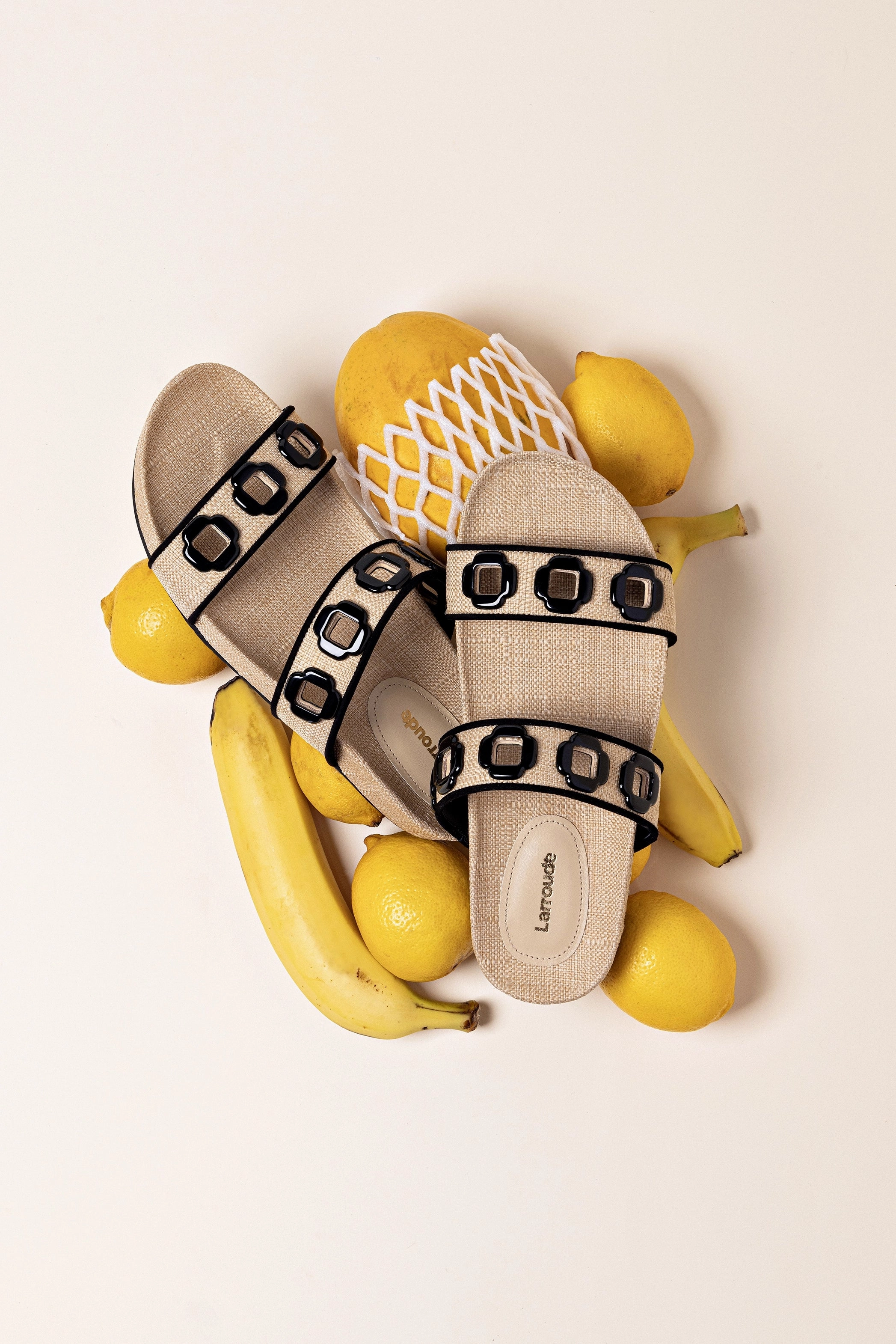 Milan Slide In Beige Raffia and Black Trimming
