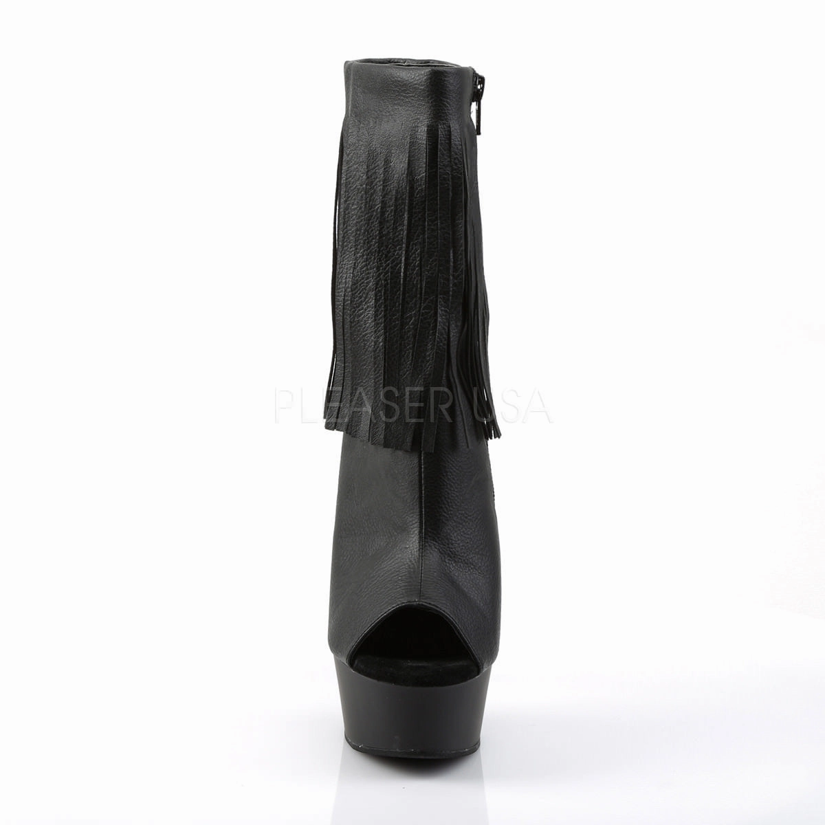Pleaser DELIGHT-1019 Black Faux Leather Fringe Ankle Boots With Black Matte Platform