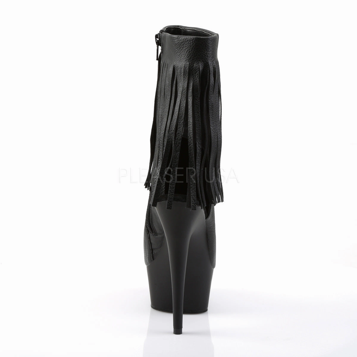 Pleaser DELIGHT-1019 Black Faux Leather Fringe Ankle Boots With Black Matte Platform