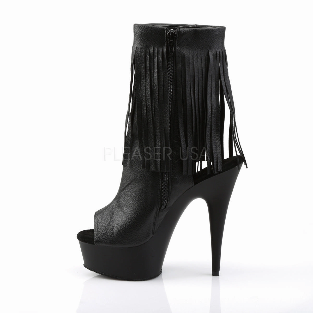 Pleaser DELIGHT-1019 Black Faux Leather Fringe Ankle Boots With Black Matte Platform