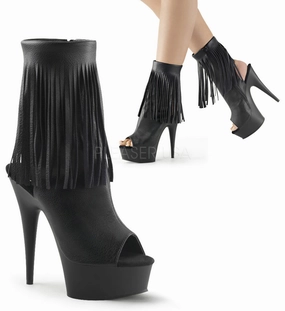 Pleaser DELIGHT-1019 Black Faux Leather Fringe Ankle Boots With Black Matte Platform