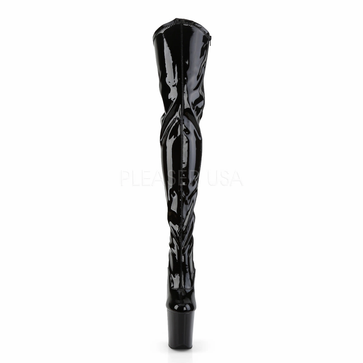 PLEASER FLAMINGO-3000 Black Stretch Pat-Black Thigh High Boots