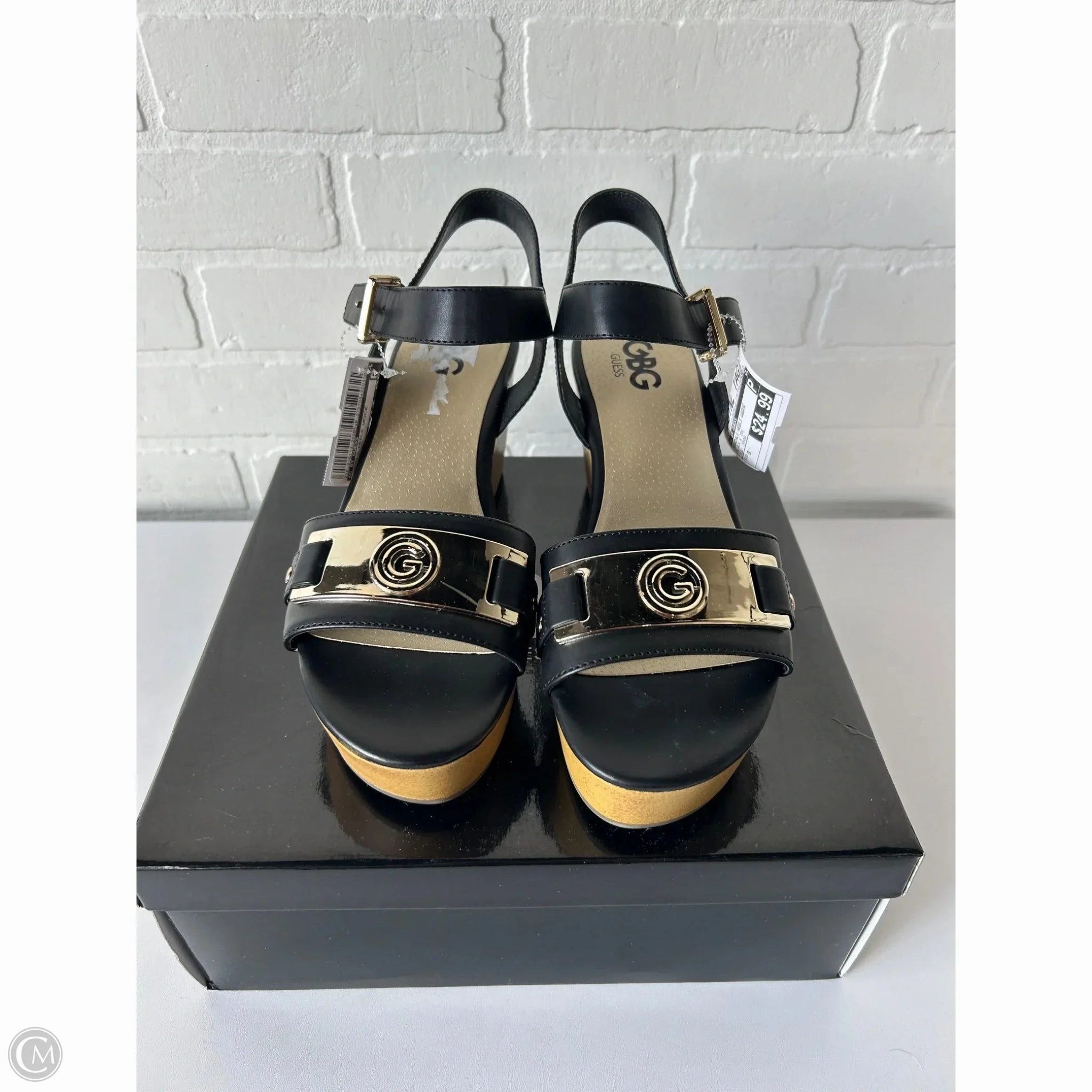 Sandals Heels Wedge By G By Guess In Black & Tan, Size: 9