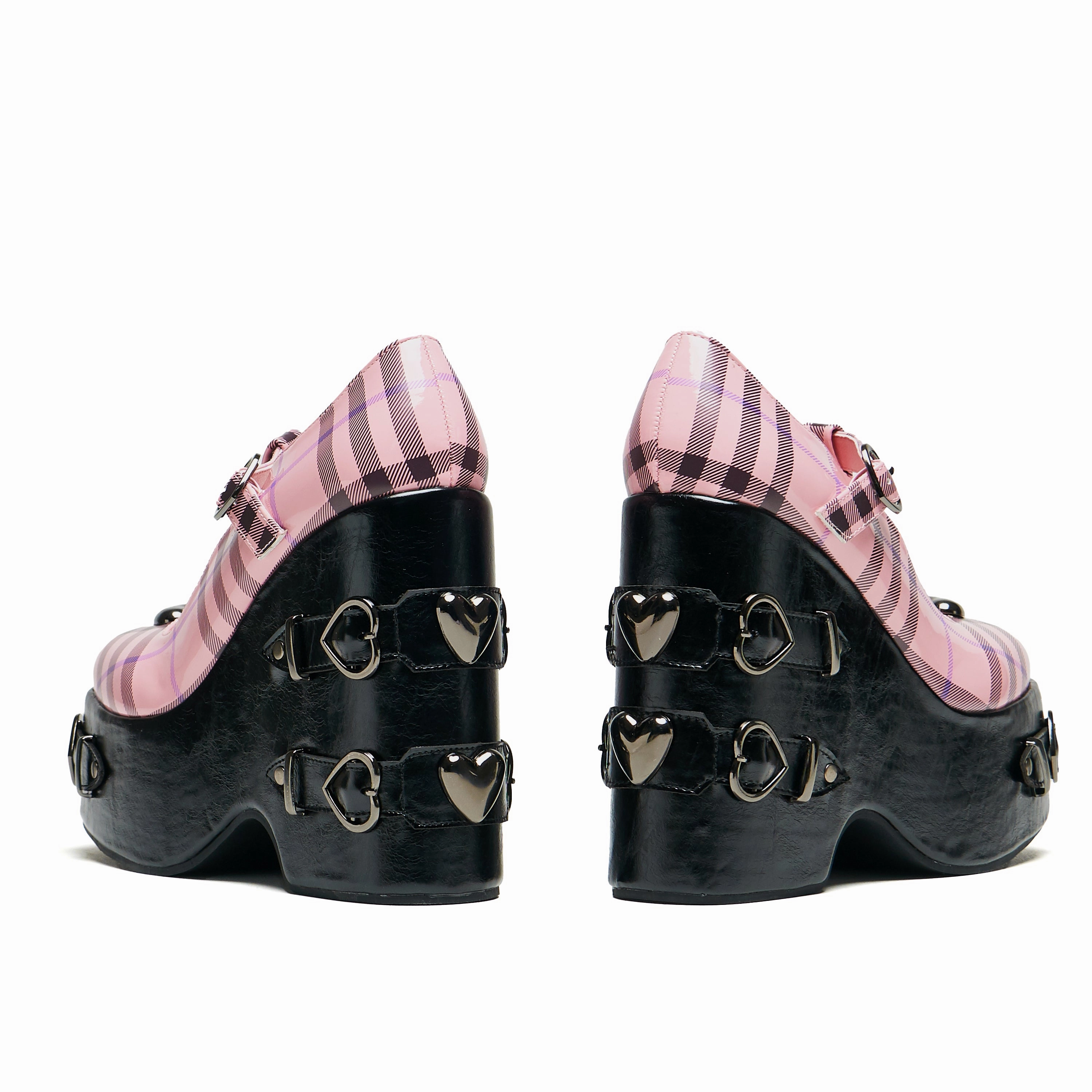 Sweet Apathy Plaid Wedge Mary Janes - Pink
