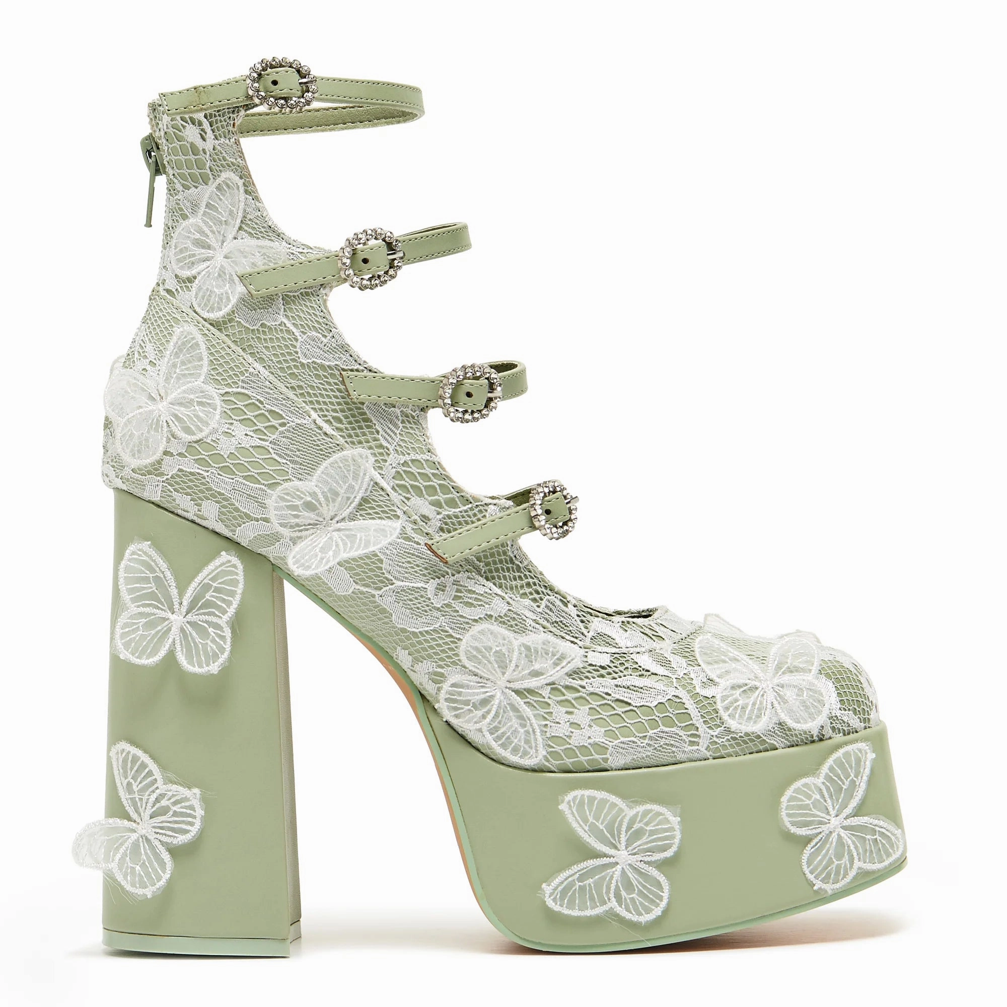 Wild Lotus Butterfly Lace Platform Heels - Green