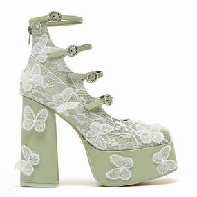 Wild Lotus Butterfly Lace Platform Heels - Green